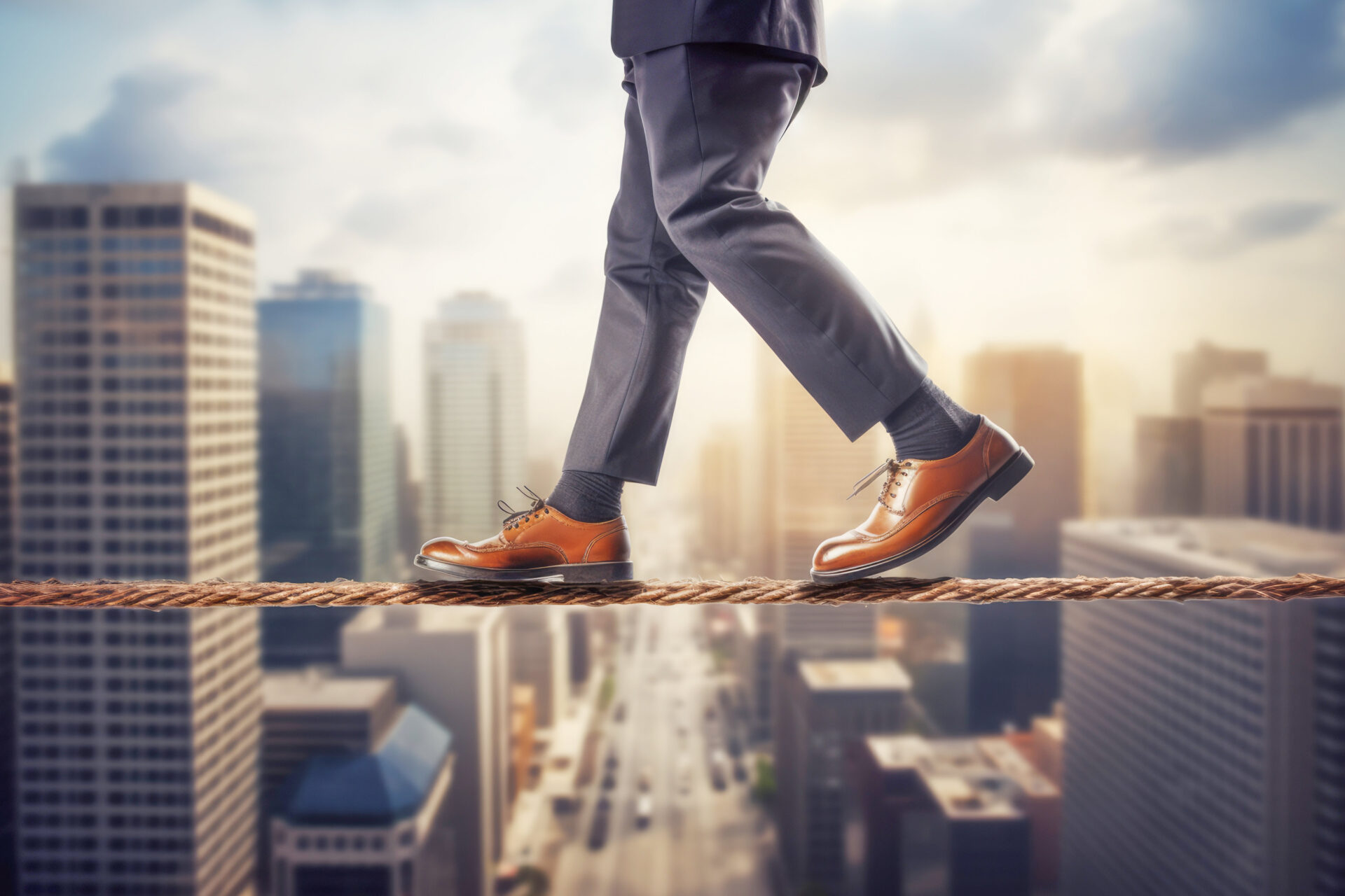 A man in a suit tight roping above a city